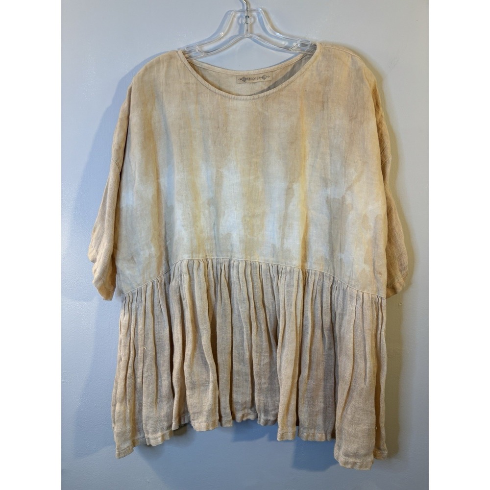 INGILE Garment Dyed LINEN Boxy Beige Top XL Boho Lagenlook Ruffle